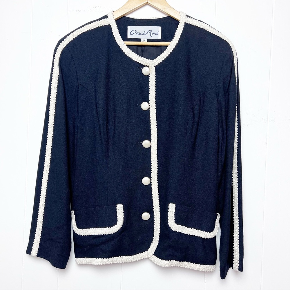 Vintage 80s Black & Cream Braid Pearl Button Cropped Jacket Women’s Size Large